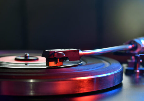 Close up of turntable neede on a vinyl record. Turntable playing vinyl record
